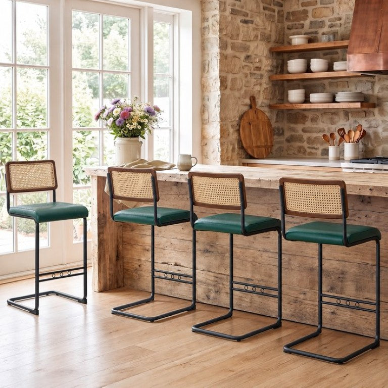 English Elm Natural Rattan Woven Counter Stools with Leather Seat and Black Metal Legs for Kitchen 4-Piece Set W2920S00267
