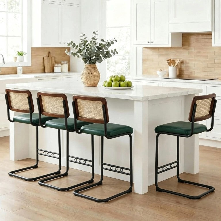 English Elm Natural Rattan Woven Counter Stools with Leather Seat and Black Metal Legs for Kitchen 4-Piece Set W2920S00267