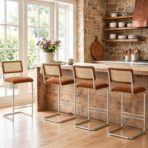 English Elm Natural Rattan Backrest Counter Stools with Velvet Seats and Polished Chrome Legs 4-Piece Set W2920S00268