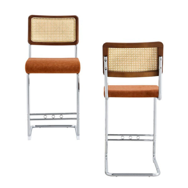 English Elm Natural Rattan Backrest Counter Stools with Velvet Seats and Polished Chrome Legs 4-Piece Set W2920S00268