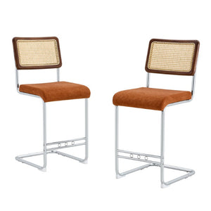 English Elm Natural Rattan Backrest Counter Stools with Velvet Seats and Polished Chrome Legs 4-Piece Set W2920S00268