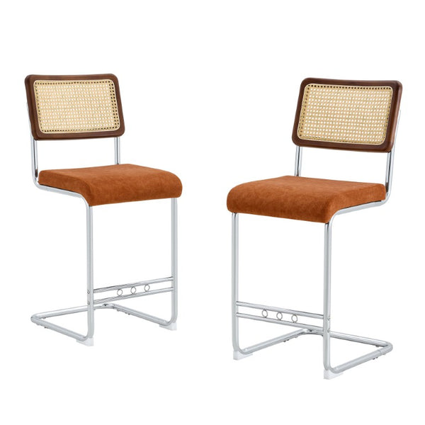 English Elm Natural Rattan Backrest Counter Stools with Velvet Seats and Polished Chrome Legs 4-Piece Set W2920S00268