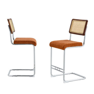 English Elm Natural Rattan Backrest Counter Stools with Velvet Seats and Polished Chrome Legs 4-Piece Set W2920S00268