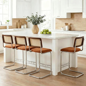 English Elm Natural Rattan Backrest Counter Stools with Velvet Seats and Polished Chrome Legs 4-Piece Set W2920S00268
