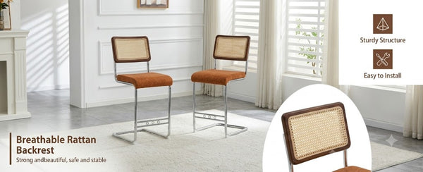 English Elm Natural Rattan Backrest Counter Stools with Velvet Seats and Polished Chrome Legs 4-Piece Set W2920S00268