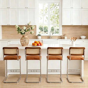 English Elm Natural Rattan Backrest Counter Stools with Velvet Seats and Polished Chrome Legs 4-Piece Set W2920S00268