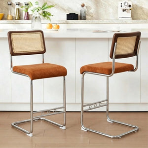 English Elm Natural Rattan Backrest Counter Stools with Velvet Seats and Polished Chrome Legs 4-Piece Set W2920S00268