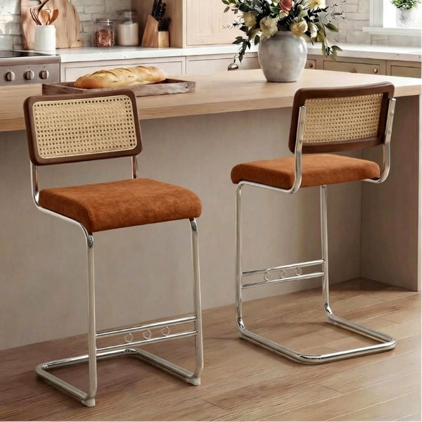 English Elm Natural Rattan Backrest Counter Stools with Velvet Seats and Polished Chrome Legs 4-Piece Set W2920S00268