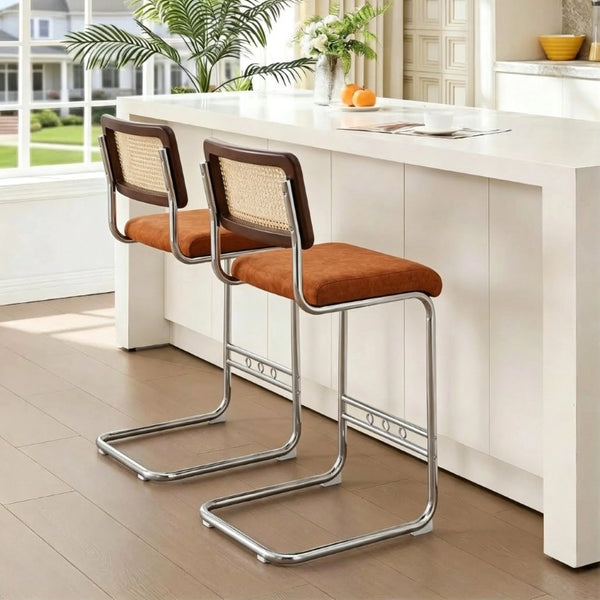 English Elm Natural Rattan Backrest Counter Stools with Velvet Seats and Polished Chrome Legs 4-Piece Set W2920S00268