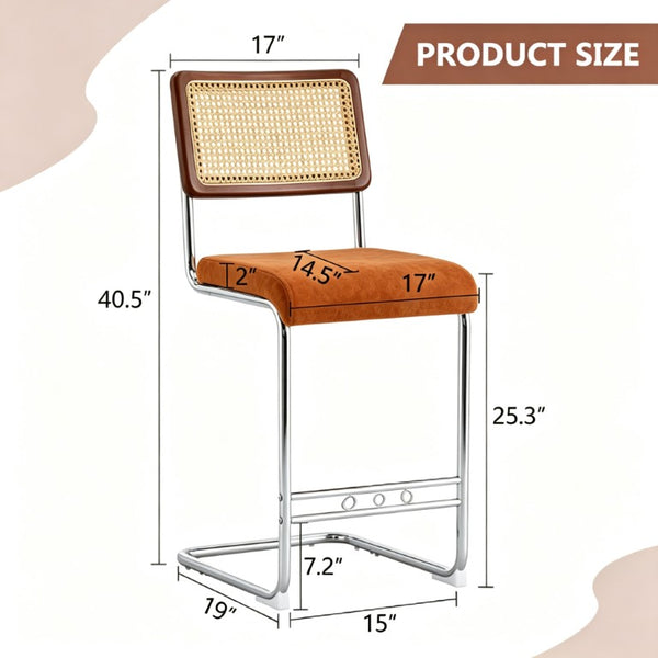 English Elm Natural Rattan Backrest Counter Stools with Velvet Seats and Polished Chrome Legs 4-Piece Set W2920S00268