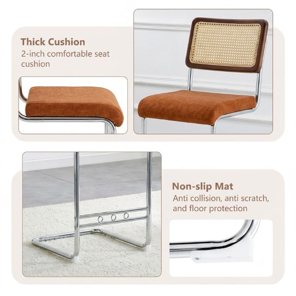 English Elm Natural Rattan Backrest Counter Stools with Velvet Seats and Polished Chrome Legs 4-Piece Set W2920S00268