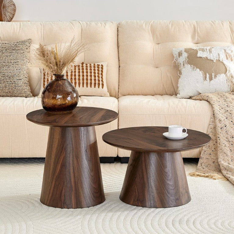 English Elm Nested Round Coffee Table Set Walnut Veneer Two Piece Living Room Accent W2920S00269