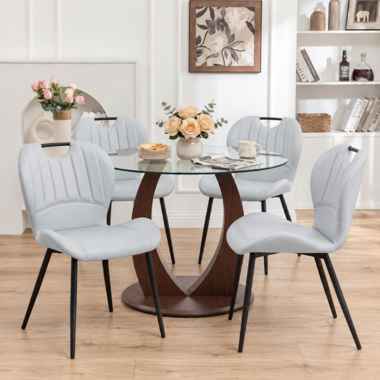English Elm Table and Chair Set Round Tempered Glass Top with Sculptural MDF Base Seats Four Black, Light Gray, Transparent, Walnut W2920S00273
