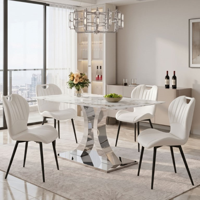 English Elm Luxury Modern 5 Piece Dining Set White Marble Glass Top Shell Back Upholstered Chairs W2920S00275