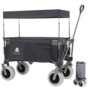 English Elm Multi-Functional Folding Wagon with Steel Frame Canopy and All-Terrain Balloon Wheels W2932P435468
