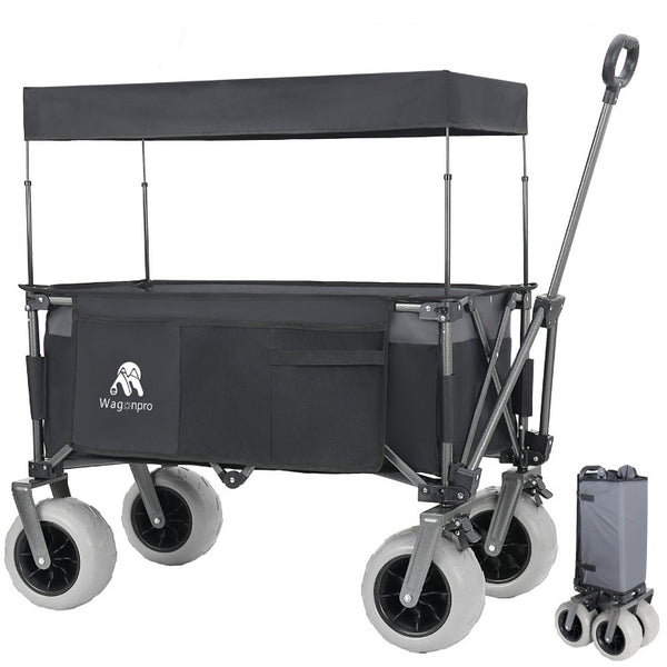 English Elm Multi-Functional Folding Wagon with Steel Frame Canopy and All-Terrain Balloon Wheels W2932P435468