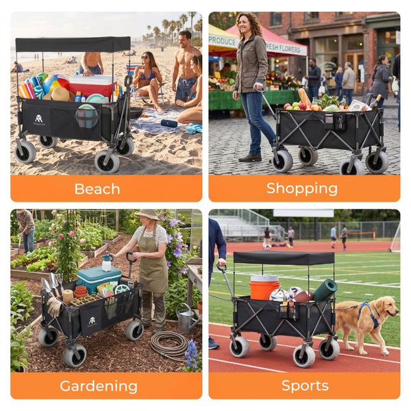 English Elm Multi-Functional Folding Wagon with Steel Frame Canopy and All-Terrain Balloon Wheels W2932P435468