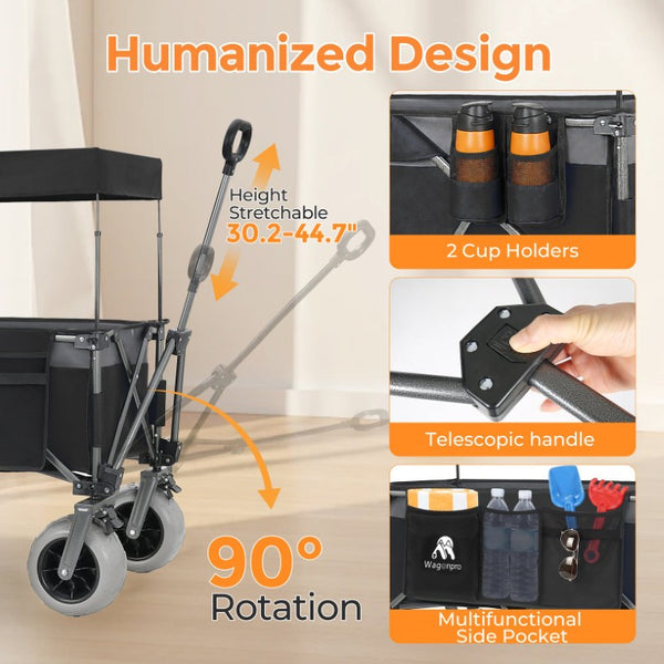 English Elm Multi-Functional Folding Wagon with Steel Frame Canopy and All-Terrain Balloon Wheels W2932P435468