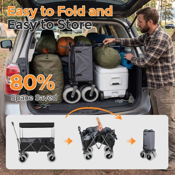 English Elm Multi-Functional Folding Wagon with Steel Frame Canopy and All-Terrain Balloon Wheels W2932P435468