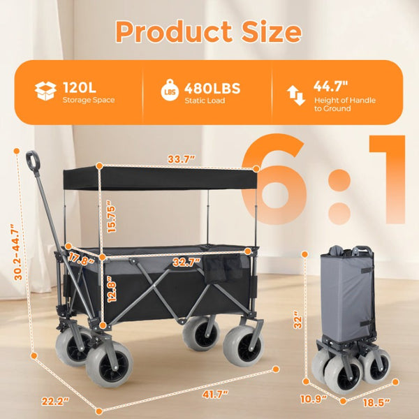 English Elm Multi-Functional Folding Wagon with Steel Frame Canopy and All-Terrain Balloon Wheels W2932P435468