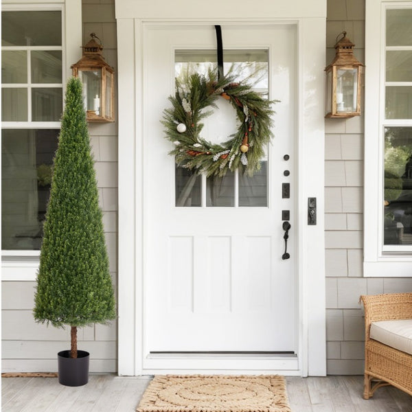 English Elm 6Ft Faux Cedar Conical Topiary UV Resistant Potted Evergreen for Porch Entryway W2945P279021