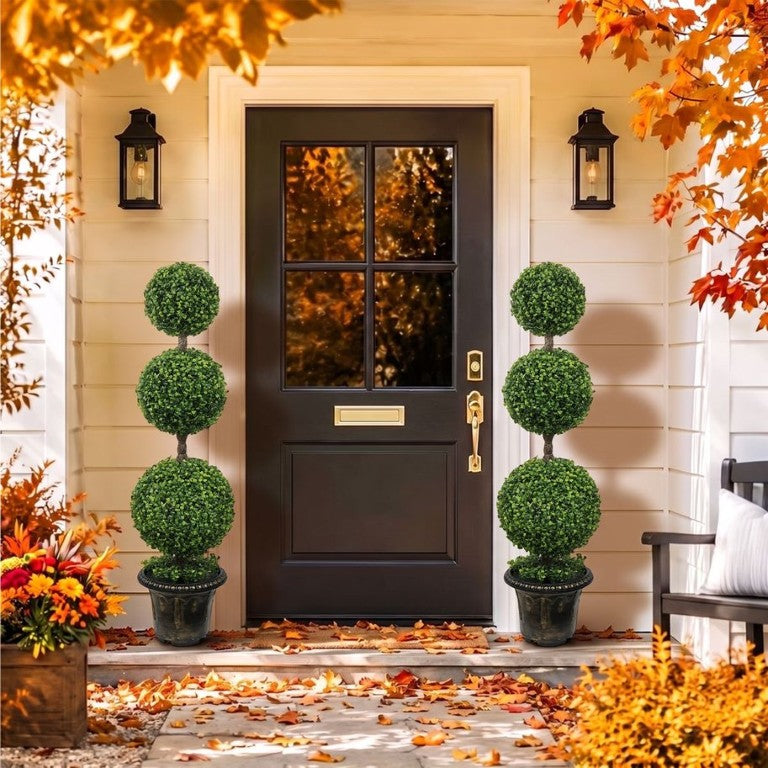 English Elm 4Ft Faux Boxwood Triple Sphere Topiary Set of 2 UV Resistant Outdoor Entryway Trees W2945P578008