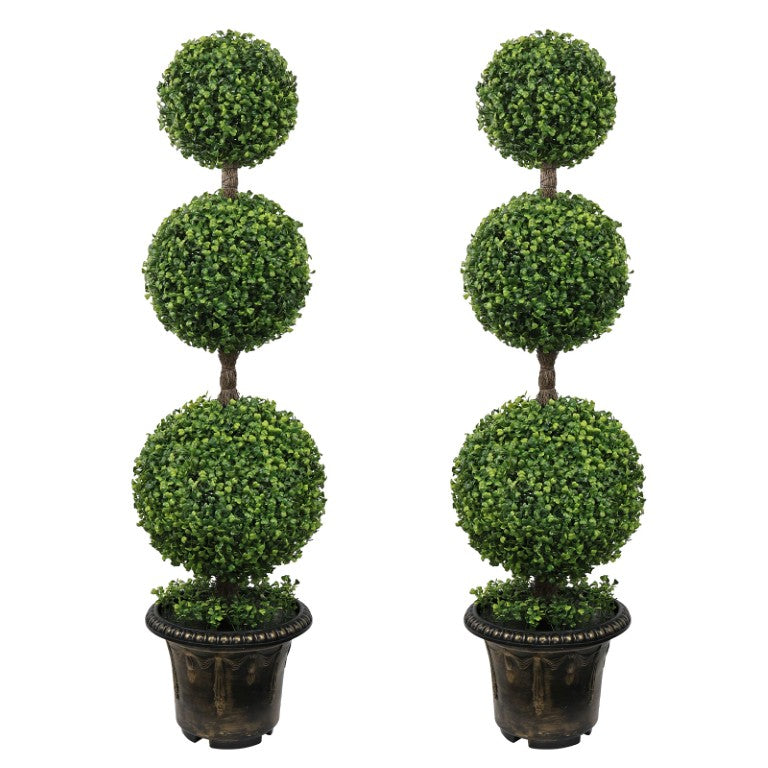 English Elm 4Ft Faux Boxwood Triple Sphere Topiary Set of 2 UV Resistant Outdoor Entryway Trees W2945P578008