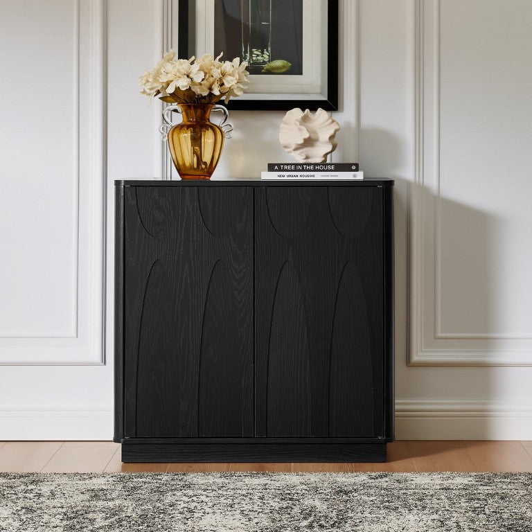 English Elm 64-Inch Wood Grain Media Console with Magnetic Doors and Adjustable Shelving for Modern Living Black 31.5 inches W2972P497747