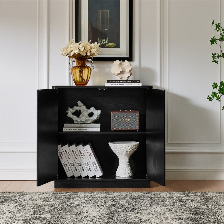 English Elm 64-Inch Wood Grain Media Console with Magnetic Doors and Adjustable Shelving for Modern Living Black 31.5 inches W2972P497747