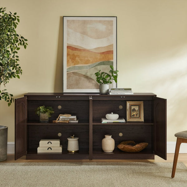 English Elm 64-inch Media Console Low Profile Mdf Tv Stand with Magnetic Doors for Living Room Walnut W2972P514562