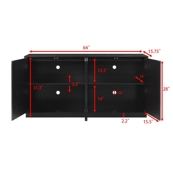 English Elm 64-inch Media Console Low Profile Mdf Tv Stand with Magnetic Doors for Living Room Black W2972P514563