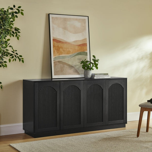English Elm 64-inch Media Console Low Profile Mdf Tv Stand with Magnetic Doors for Living Room Black W2972P514563