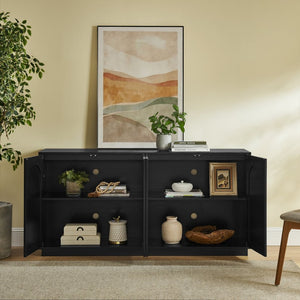 English Elm 64-inch Media Console Low Profile Mdf Tv Stand with Magnetic Doors for Living Room Black W2972P514563