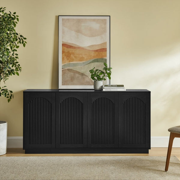 English Elm 64-inch Media Console Low Profile Mdf Tv Stand with Magnetic Doors for Living Room Black W2972P514563