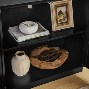 English Elm 64-inch Media Console Low Profile Mdf Tv Stand with Magnetic Doors for Living Room Black W2972P514563