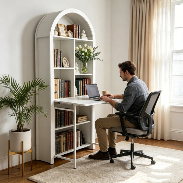 English Elm Folding Convertible Bookshelf Desk with Open Shelves for Small Space Home Offices W2977P499548