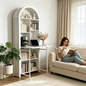 English Elm Folding Convertible Bookshelf Desk with Open Shelves for Small Space Home Offices W2977P499548