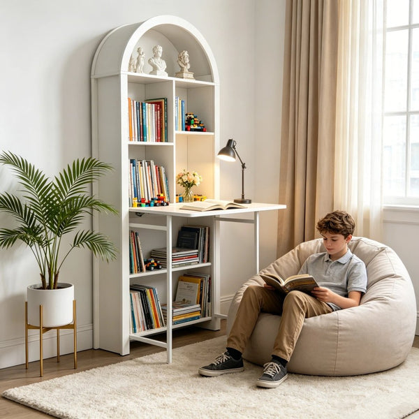 English Elm Folding Convertible Bookshelf Desk with Open Shelves for Small Space Home Offices W2977P499548