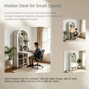 English Elm Folding Convertible Bookshelf Desk with Open Shelves for Small Space Home Offices W2977P499548