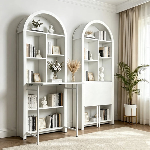 English Elm Folding Convertible Bookshelf Desk with Open Shelves for Small Space Home Offices W2977P499548