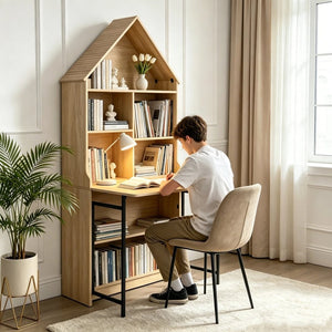 English Elm Folding Wall Mounted Convertible Desk Bookshelf with Hidden Work Surface for Small Spaces W2977P499563