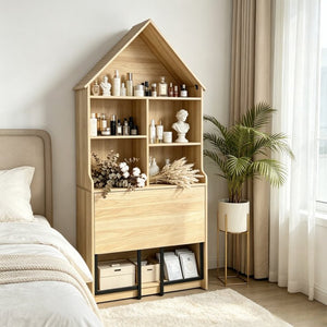 English Elm Folding Wall Mounted Convertible Desk Bookshelf with Hidden Work Surface for Small Spaces W2977P499563