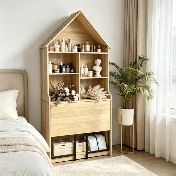 English Elm Folding Wall Mounted Convertible Desk Bookshelf with Hidden Work Surface for Small Spaces W2977P499563