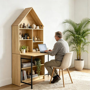 English Elm Folding Wall Mounted Convertible Desk Bookshelf with Hidden Work Surface for Small Spaces W2977P499563