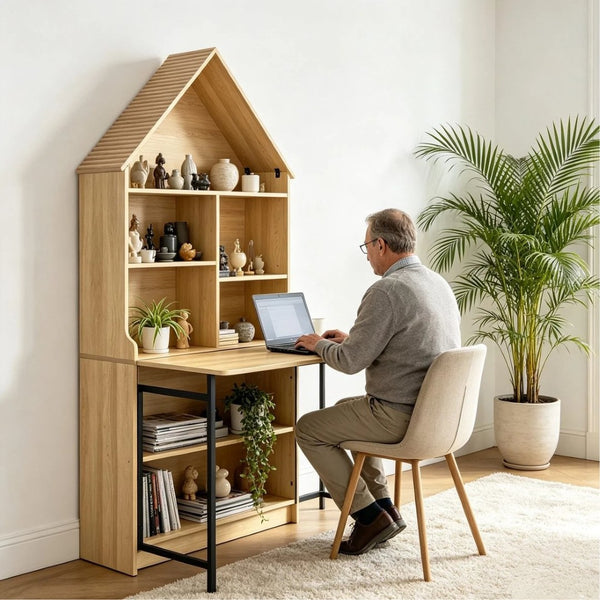 English Elm Folding Wall Mounted Convertible Desk Bookshelf with Hidden Work Surface for Small Spaces W2977P499563