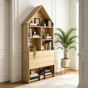 English Elm Folding Wall Mounted Convertible Desk Bookshelf with Hidden Work Surface for Small Spaces W2977P499563