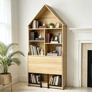 English Elm Folding Wall Mounted Convertible Desk Bookshelf with Hidden Work Surface for Small Spaces W2977P499563
