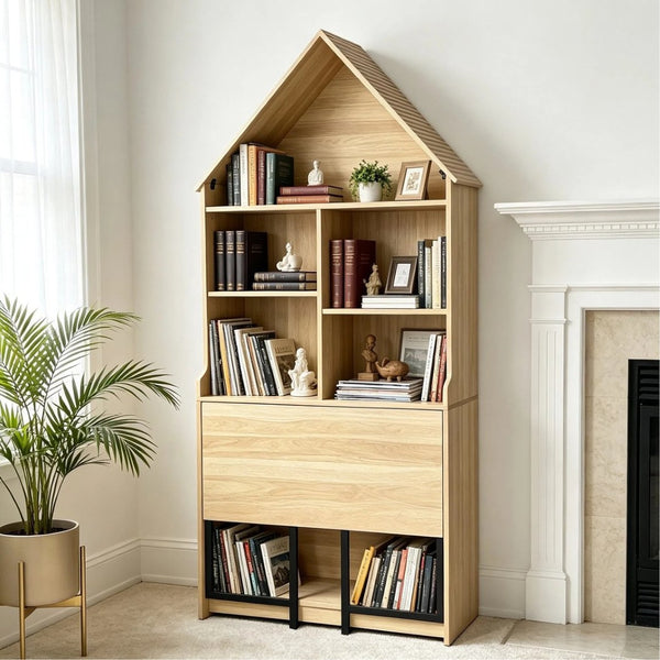 English Elm Folding Wall Mounted Convertible Desk Bookshelf with Hidden Work Surface for Small Spaces W2977P499563