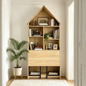 English Elm Folding Wall Mounted Convertible Desk Bookshelf with Hidden Work Surface for Small Spaces W2977P499563