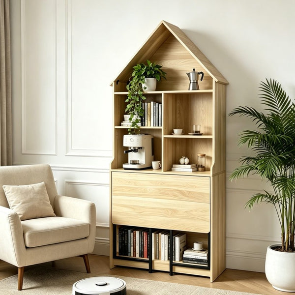 English Elm Folding Wall Mounted Convertible Desk Bookshelf with Hidden Work Surface for Small Spaces W2977P499563